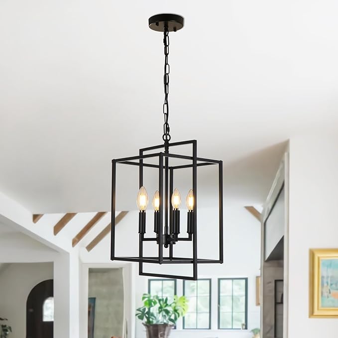Black Chandelier, 4-Light Modern Farmhouse Foyer Lighting Fixtures, Rustic Geometric Chandeliers for Dining Room, Adjustable Metal Lantern Pendant Light for Stairway Entryway Kitchen Island
