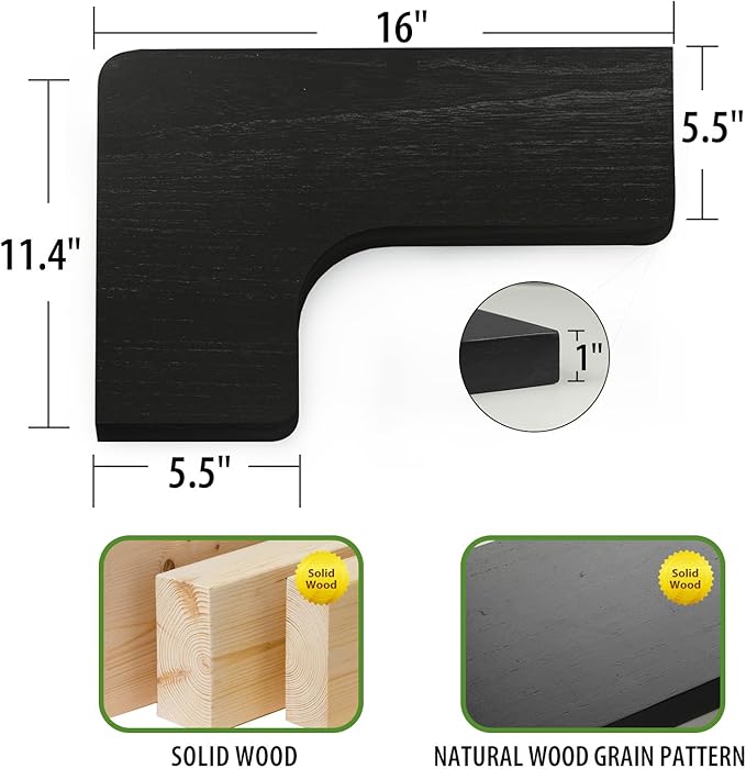 SAUMONIERES Corner Floating Shelves Wall Mount Shelf Solid Wood for Bedroom Bathroom Room Kitchen Storage Set of 3, Black, Invisible Brackets