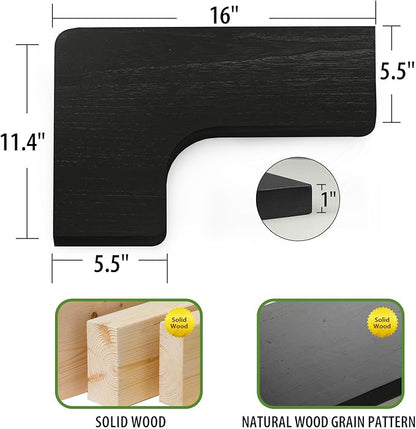 SAUMONIERES Corner Floating Shelves Wall Mount Shelf Solid Wood for Bedroom Bathroom Room Kitchen Storage Set of 3, Black, Invisible Brackets