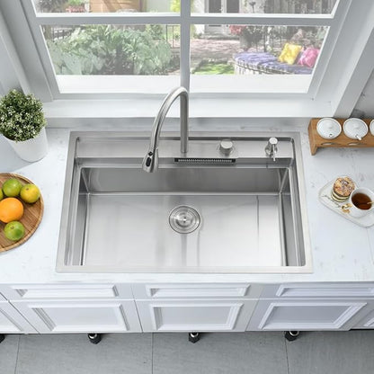 33 Inch Drop In Waterfall Kitchen Sink Workstation-Bokaiya 33x19 Drop In Kitchen Sink with Faucet Combo Stainless Steel Top Mount 16 Gauge 10" Deep Single Bowl Waterfall Sink with Soap Dispenser