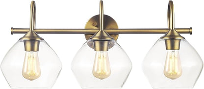 Globe Electric 63000103 26" 3-Light Vanity Fixture, Brass Finish, Clear Glass Shades, Beauty Room Accessories, Bathroom Lighting Over Mirror, Makeup Lights, Wall Light, Home Essentials, House Décor