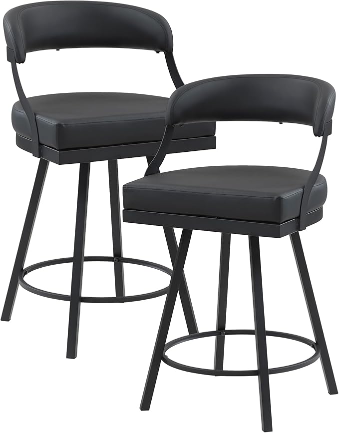 Lexicon Swivel Counter Height Stools Set of 2 - Counter Height Stools for Kitchen Island, Padded Seat, Open Back, Sturdy Black Metal Frame Finish and Faux Leather Cushion Seat, Sturdy Black