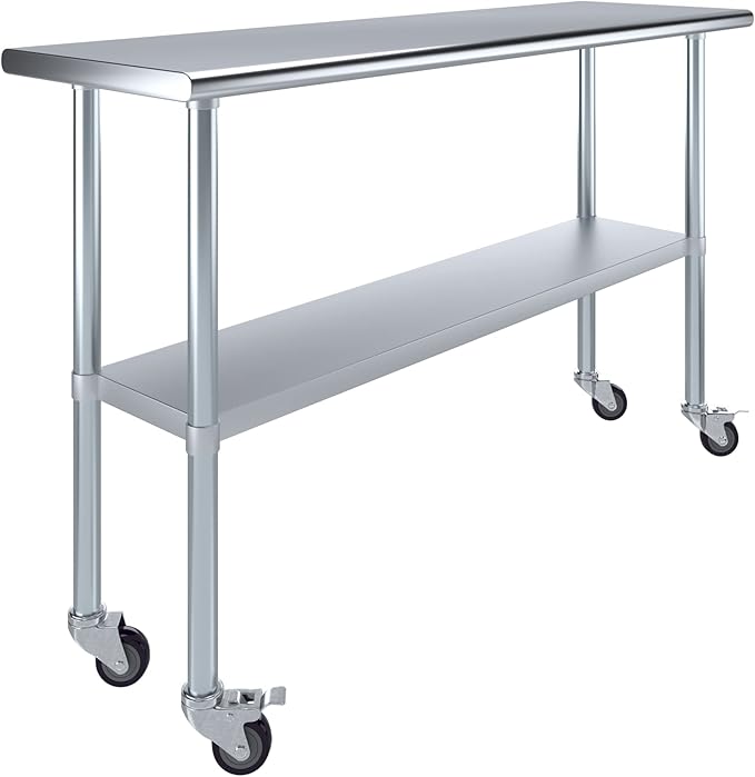 Stainless Steel Work Table with Wheels | NSF Kitchen Island Food Prep | Laundry Garage Utility Bench (Table + Wheels, 60" Long x 18" Deep)