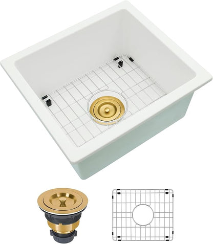 MILOSEN White Undermount Bar Sink, 15×17 Inch Small White Wet Bar or Prep Sink, 9 Inch Deep Granite Composite Outdoor Single Bowl Basin with Accessories, Small Quartz Sinks