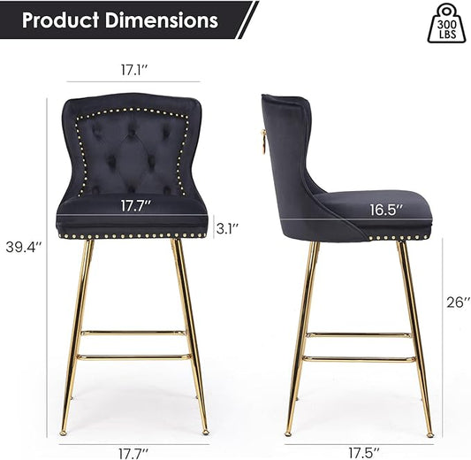 Modern Counter-Height Bar Stool Set of 2, 26" Velvet Upholstered Barstools with Backrest and Gold Chrome Base Footrest, Nailheads Trim, Black Bar Stools for Kitchen Island, Cafe, Pub (Black)
