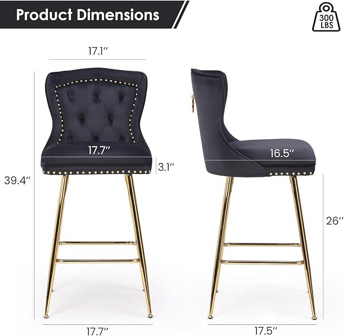 Bar Stools Set of 2, Velvet Counter Height Bar Stools with Metal Legs, Button Tufted and Nailheads Trim, Wing Back Bar Chairs for Kitchen Island Dining Room Pub,Black