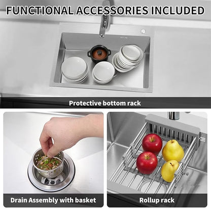 27 inch Kitchen Sink Drop in Stainless Steel Top Mount Sink with Brushed Finish, Single Bowl Workstation Sink with Basket Strainer and Kitchen Sink Caddy Organizer 26.8"D x 17.7"W x 8.3"H
