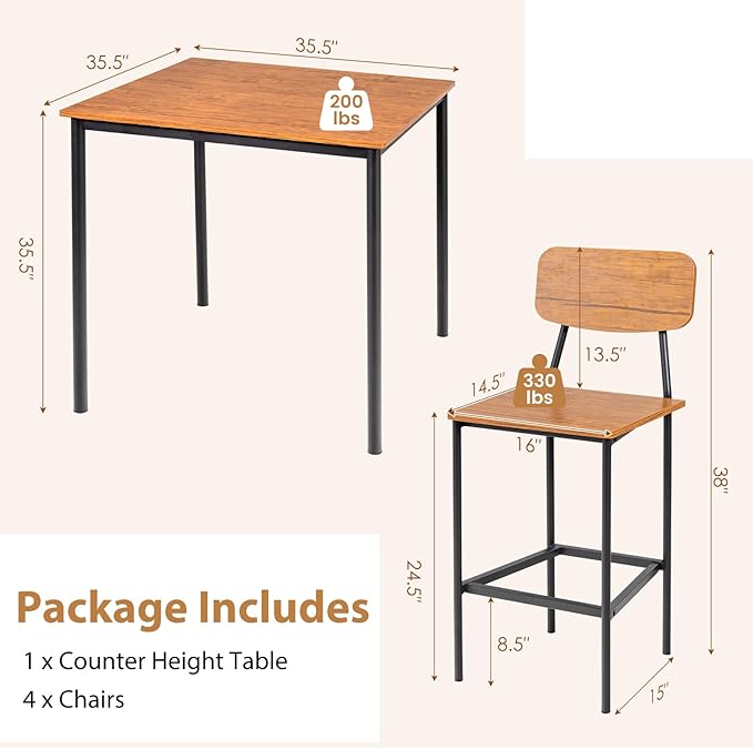 KOTEK 5-Piece Counter Height Dining Table Set, Industrial Kitchen Table and Chairs for 4, Space-Saving Dinette Set with Bar Stools for Dining Room, Pub, Restaurant (Walnut)