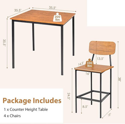 KOTEK 5-Piece Counter Height Dining Table Set, Industrial Kitchen Table and Chairs for 4, Space-Saving Dinette Set with Bar Stools for Dining Room, Pub, Restaurant (Walnut)