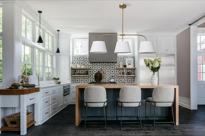 Pathson 3 Lights Brass Pendant Light with Fabric Lampshades, Rustic Cloth Pendant Lighting Lamp E26 Bulb Base, Flush Mounted Ceiling Chandeliers for Dining Room Kitchen Island Living Room