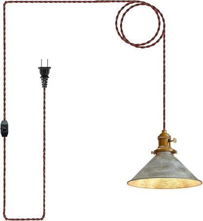 Hanging Lights with Plug in Cord Antique Silver Cage Industrial Pendant Light On/Off Switches Distressed Vintage Metal Finish Hanging Lamp for Farmhouse, Loft & Cafe Lighting