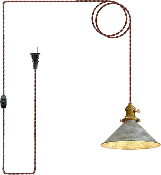 Hanging Lights with Plug in Cord Antique Silver Cage Industrial Pendant Light On/Off Switches Distressed Vintage Metal Finish Hanging Lamp for Farmhouse, Loft & Cafe Lighting