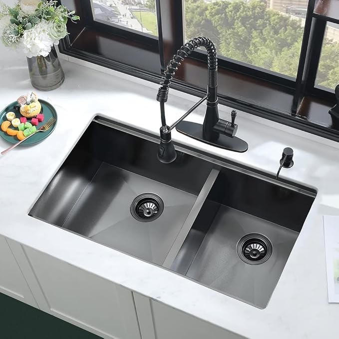 33 Inch Black Undermount Kitchen Sink Double Bowl-iAnomla 33x19 Black Stainless Steel Kitchen Sink Under Mount Workstation Sinks 16 Gauge 60/40 Low Divide Double Sinks with Cutting Board