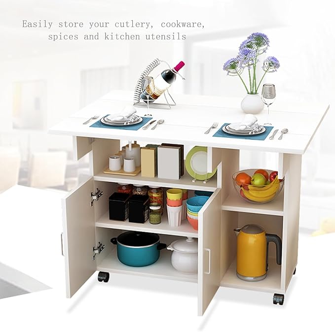 Kitchen Island with Drop Leaf, Rolling Island Cart Mobile Folding Dining Table with 4 Wheels and Shelf(Black,L80cm/32in)