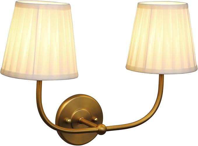 PERMO Vintage Sconce Gold 2 Lights Wall Sconces with Pleated Beige Stripe Fabric Shades Antique Bathroom Double Sconces Hardwired for Farmhouse Bedroom Hallway