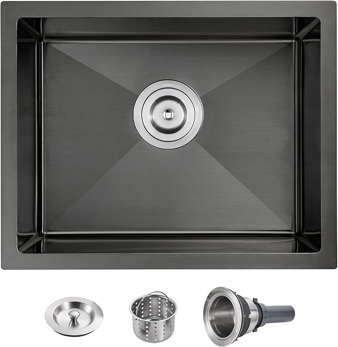 POPFLY 22-Inch Undermount Kitchen SInk, 18 Gauge SUS304 Stainless Steel Handmade Single Bowl Bar Prep 9 Inches Deep SInk with Accessories, Black （22”×18”×9”）
