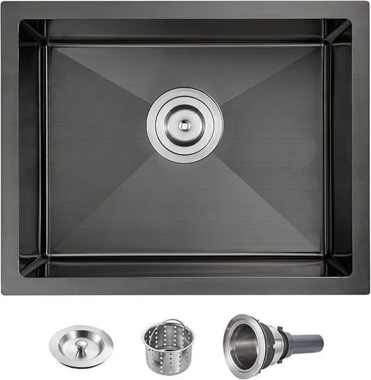 POPFLY 22-Inch Undermount Kitchen SInk, 18 Gauge SUS304 Stainless Steel Handmade Single Bowl Bar Prep 9 Inches Deep SInk with Accessories, Black （22”×18”×9”）