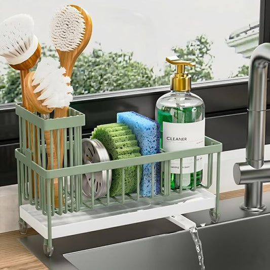 Cisily Sponge Holder for Kitchen Sink, Sink Caddy Organizer with High Brush Holder, Kitchen Countertop Organizers and Storage Essentials, Rustproof 304 Stainless Steel (Sage Green, 9.25″)