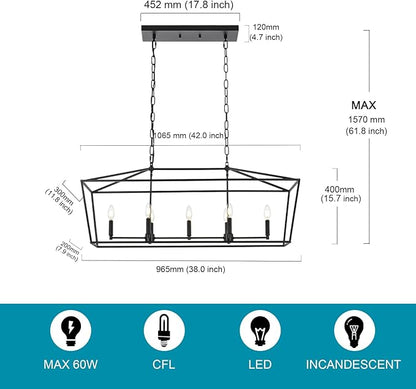 Lantern Island Light 7-Light Black Chandelier Dining Room Light Fixtures Over Table Rectangle Kitchen Island Chandeliers Modern Hanging Light Fixture