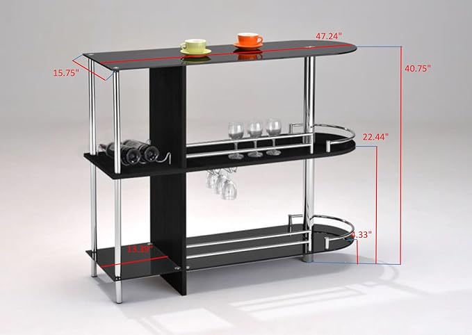 Kings Brand Furniture Bar Table with Two Tempered Glass Shelves, Black (16 in x 47 in x 41 in)