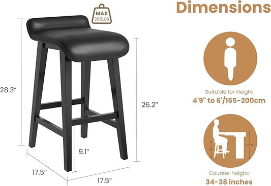 IDEALHOUSE 26.2" Solid Wood Bar Stools Set of 4, Counter Height Bar Stools with Wide PU Leather Upholstered Seat, Barstools Set for Kitchen Islands, Counter Bars, Black