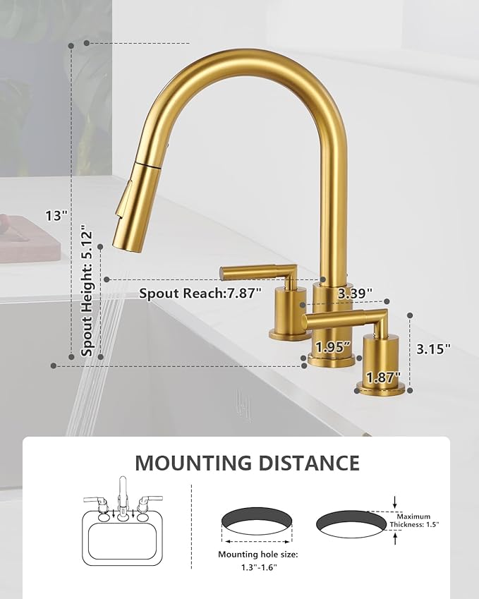 Tohlar Gold Kitchen Faucet with Pull Down Sprayer, 2 Handle Kitchen Faucet, 3 Hole Kitchen Sink Faucets Brushed Gold Stainless Steel Faucet for Kitchen Sink