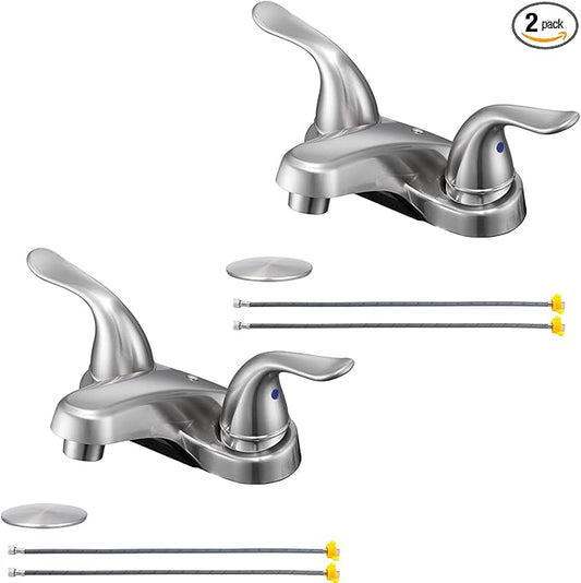 2 Pack Bathroom Sink Faucets 2/3 Hole,Brushed Nickel Dual Handles 4 inch Plastic Plating Over Bathroom Faucet with Pop-up Drain and 2 Supply Hoses for Apartment Rvs Sink Vanity