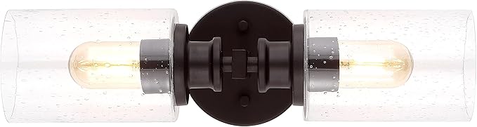 JONATHAN Y 16.5" Oil Rubbed Bronze 2-Light LED Wall Sconce, Modern Farmhouse Vanity Light with Seeded Glass Shade, Industrial Iron Fixture for Bathroom Mirror, LED Bulbs Included (JYL7577B)