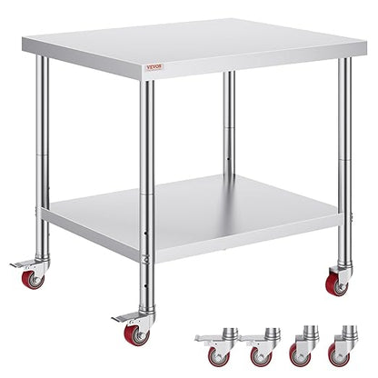 Vevor 30x36x34 Inch Stainless Steel Work Table 3-Stage Adjustable Shelf with 4 Wheels Heavy Duty Commercial Food Prep Worktable with Brake for Kitchen Prep Work