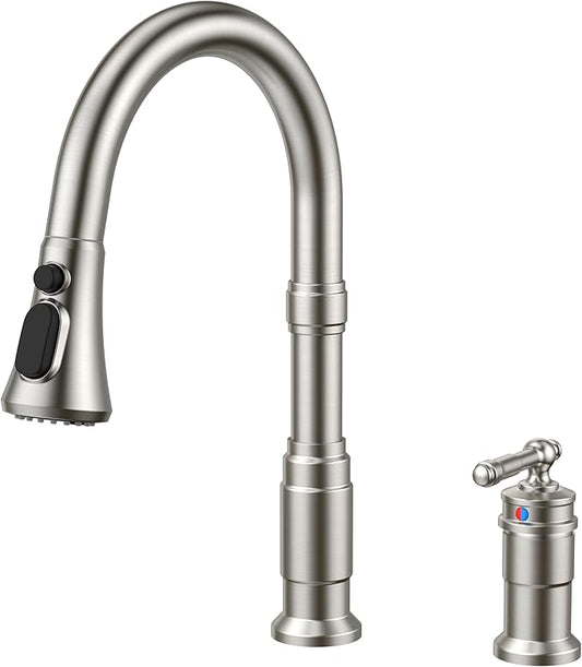 FORIOUS 2 Hole Kitchen Faucet with Pull Down Sprayer, Brushed Nickel Stainless Steel Rustic Kitchen Sink Faucet 3 Spray Modes with Single Seperate Handle, Suitable for Farmhouse Outdoor Rv Bar