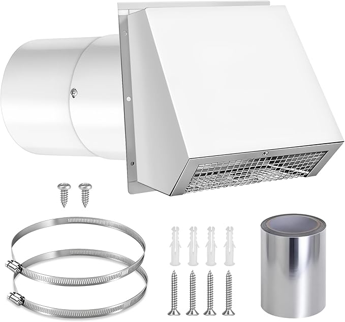 6 Inch Hooded Wall Vent with Screen and Damper, Wall Exhaust Vent Cover, 6 Inch Range Hood Wall Vent Cap, Outdoor Hooded Wall Vent for Dryer Vent, Range Hood, Kitchen, White