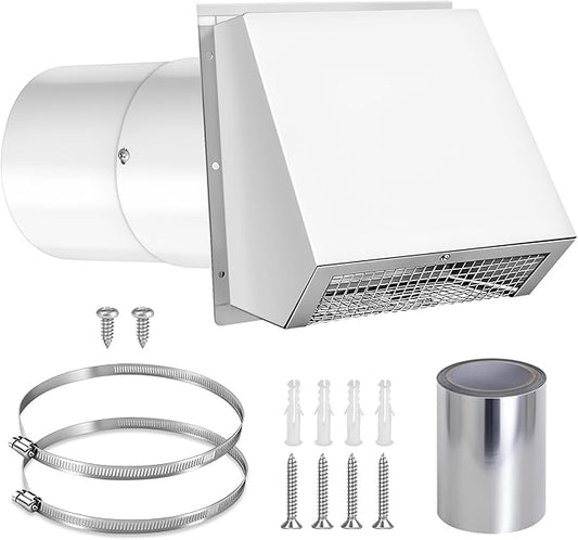 6 Inch Hooded Wall Vent with Screen and Damper, Wall Exhaust Vent Cover, 6 Inch Range Hood Wall Vent Cap, Outdoor Hooded Wall Vent for Dryer Vent, Range Hood, Kitchen, White