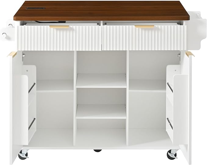 Modern Dining Table Kitchen Island with Drop, Power Outlet, Cart with Shelves, 2 Doors 2 Drawers, Rolling Table for Kitchen Living Room,White-MDF