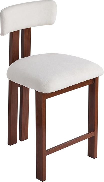 Set of 2 Modern Round Bar Stools with Low Back, 26.5" Height Upholstered Fabric Seats and Walnut Iron Frame for Kitchen Island, Dining Counter, Home Bar - White and Walnut