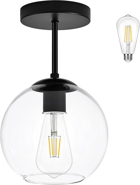 Bagood Black Semi Flush Mount Ceiling Light Fixture with Clear Glass Light Fixture Mid Century Light Fixtures Black Semi Flush Ceiling Light Fixtures for Dining Room Kitchen (Bulb Included)