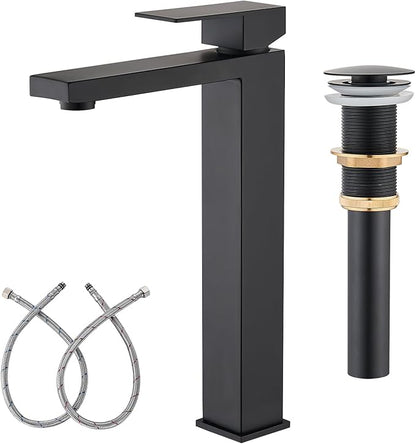AVSIILE Matte Black Vessel Sink Faucet, 1 Hole Single Handle Tall Bathroom Vanity Faucets, Modern Utility Rv Laundry Bath Restroom Mixer Tap with Metal Pop Up Drain and 2 Water Supply Lines