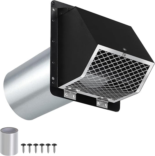 4" Dryer Vent Cover for Exterior Wall, Exhaust Vent Cover for Dryer Vents Range Hood Vent AC Vent,Outdoor Wall Vent Cover for Bathroom/Laundry/Kitchen,Black Hooded Wall Vent with Screen and Damper