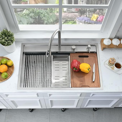 33 Inch Drop In Waterfall Kitchen Sink Workstation-Bokaiya 33x19 Drop In Kitchen Sink with Faucet Combo Stainless Steel Top Mount 16 Gauge 10" Deep Single Bowl Waterfall Sink with Soap Dispenser