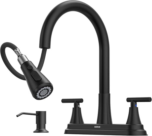 Hurran 8-Inch 2 Handle Pull Down Kitchen Faucet with Soap Dispenser, High Arc 2-in-1 Spray/Stream Stainless Steel Kitchen Sink Faucet for 3-4 Hole Widespread Installation, Matte Black