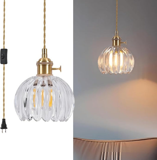 Mini Flower Hanging Lamp Plug in Pendant Light Fixtures, 15Ft Clear Glass Pendant Lights Kitchen Island Dining Room Bedroom Living Room, LED Bulb Included