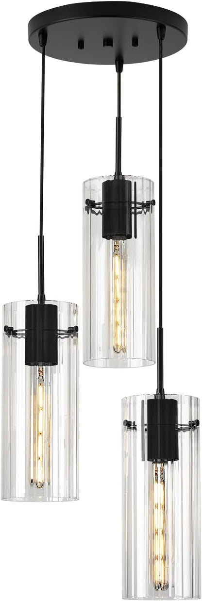 Modern Cluster Pendant Lights, Black Cluster Chandelier with Clear Ribbed Glass, 3 Light Pendant Lighting for Kitchen Island, Staircase, Dining Room, Living Room