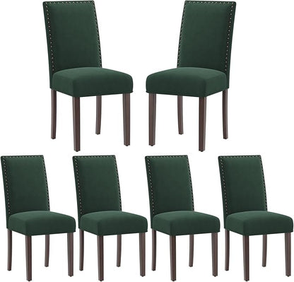 COLAMY Green Velvet Dining Chairs Set of 6 – Upholstered Kitchen & Dining Room Chairs with Nailhead Trim, Soft High-Density Cushion and Solid Wood Legs for Dining Room, Kitchen, Living Room
