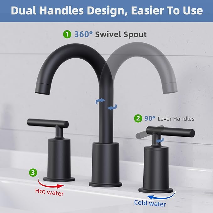 VXV Matte Black Bathroom Faucet 3 Hole Widespread with Easy Installation, 2-Handle 8 Inch Bathroom Sink Faucet 360° Swivel Spout, Pre-Attached Hoses & Drain Included, Vanity Faucet for Bath Sink