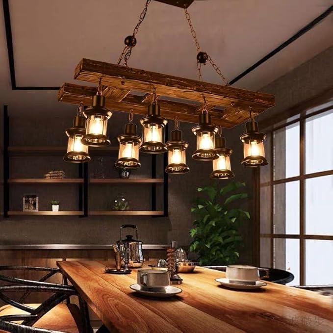 A Million Retro Farmhouse Wood Chandelier, 8-Light Industrial Chandelier Light Fixture with Seeded Glass Shades, 38" Rectangle Pendant Chandeliers for Dining Room, Kitchen Island