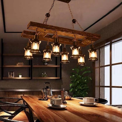 A Million Retro Farmhouse Wood Chandelier, 8-Light Industrial Chandelier Light Fixture with Seeded Glass Shades, 38" Rectangle Pendant Chandeliers for Dining Room, Kitchen Island