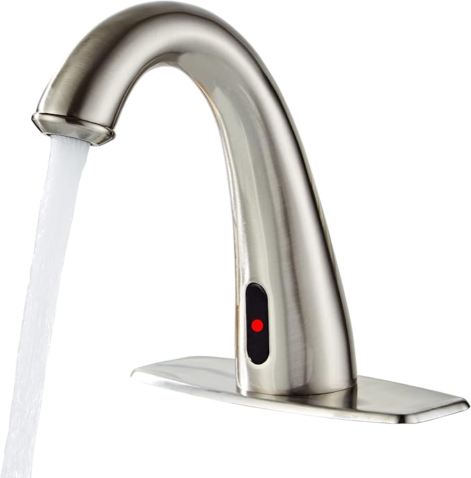 Automatic Touchless Bathroom Faucet Motion Sensor Activated Commercial Basin Sink Vantiy Hands Free Auto Infrared Mixer with Hole Cover Deck Plate Temperature Control Hot Cold Burshed Nickle