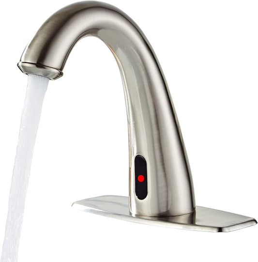 Automatic Touchless Bathroom Faucet Motion Sensor Activated Commercial Basin Sink Vantiy Hands Free Auto Infrared Mixer with Hole Cover Deck Plate Temperature Control Hot Cold Burshed Nickle