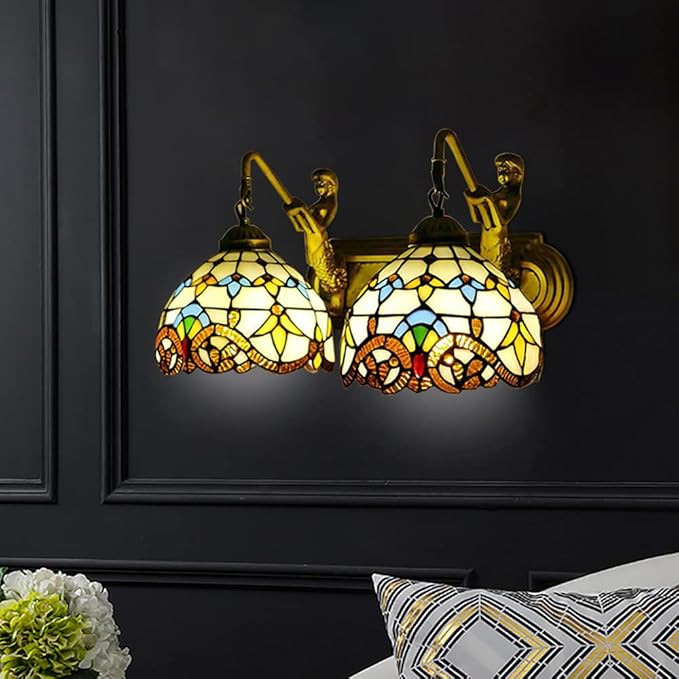 Tiffany Wall Sconce Lighting with Mermaid 2-Light Antique Wall Light Fixture Stained Glass Bowl Shade Bronze Finish Retro Vintage Wall Lamp for Bedroom Hallway Stairway Balcony Bathroom (Yellow)