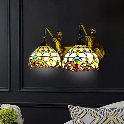 Tiffany Wall Sconce Lighting with Mermaid 2-Light Antique Wall Light Fixture Stained Glass Bowl Shade Bronze Finish Retro Vintage Wall Lamp for Bedroom Hallway Stairway Balcony Bathroom (Yellow)