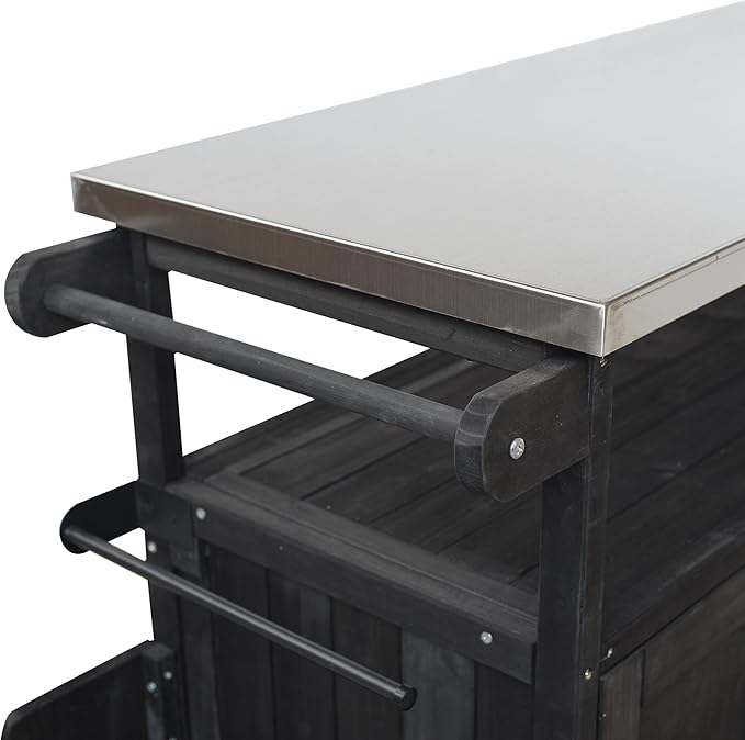 MERITLINE Foldable Outdoor Kitchen Island with Stainless Steel Top & Fir Wood Frame, Adjustable Hidden Shelf & Two-Tier Rack, Lockable Casters for Patio, Garden, Balcony, Black